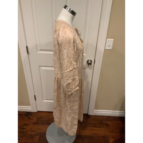 Magaschoni Tan & White Floral V-Neck Linen Midi Shift Dress, Size M - Picture 3 of 6